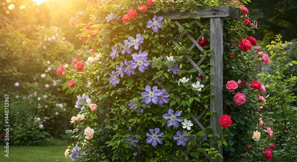 Fototapeta Beautiful Garden Pergola With Climbing Roses And Clematis In Summer