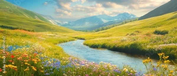Fototapeta A beautiful, lush green field with a river running through it