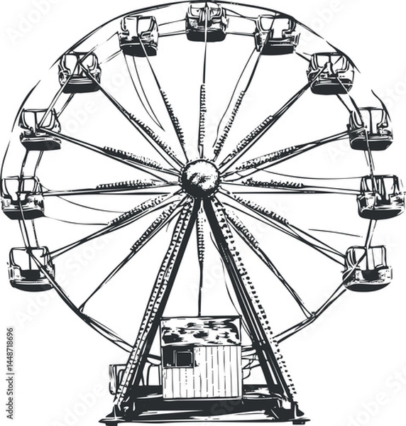 Fototapeta Black and white sketch of a ferris wheel amusement ride with cabins and metal structure