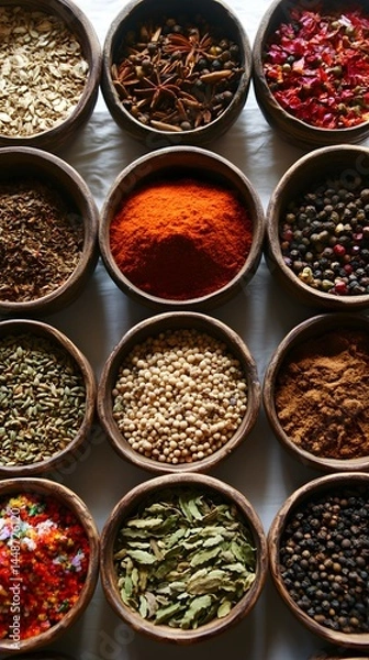 Obraz Variety of Spices in Wooden Bowls Top View