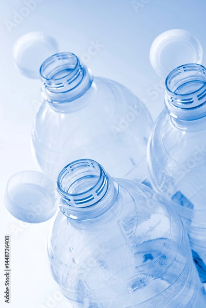 Fototapeta Plastic bottles with so-called tethered caps in monochrome blue. The caps are attached to the drink bottle to prevent it from ending up in nature. The EU bans loose closures and caps on bottles.	