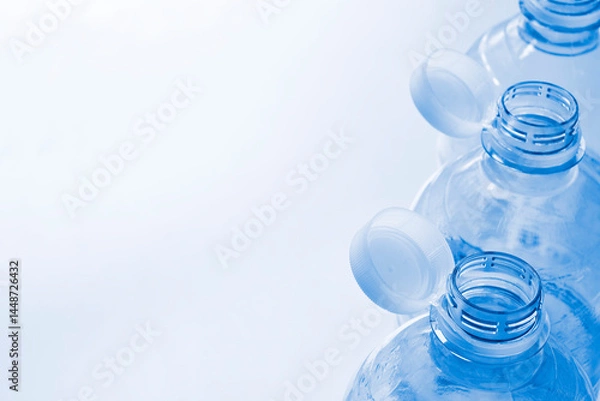 Fototapeta Plastic bottles with so-called tethered caps in monochrome blue. The caps are attached to the drink bottle to prevent it from ending up in nature. The EU bans loose closures and caps on bottles.	
