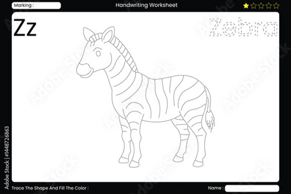 Fototapeta Trace Letter Z. Striking Zebra Coloring Page for Kids. Printable Vocabulary Builder. Educational Vector Worksheet.