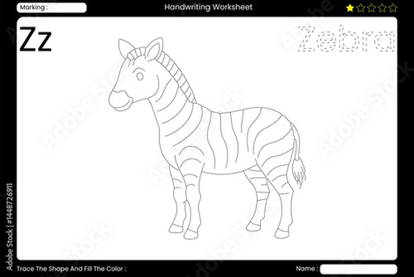 Fototapeta Trace Letter Z. Striking Zebra Coloring Page for Kids. Printable Vocabulary Builder. Educational Vector Worksheet.