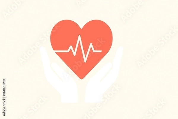 Obraz Two white hands gently cradling a vibrant red heart featuring a white heartbeat line, representing themes of healthcare, love, and overall well-being in a modern, minimal style