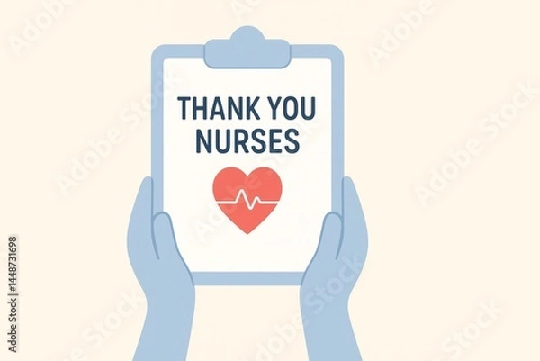 Obraz Two hands holding a clipboard saying thank you nurses with a heartbeat symbol inside a red heart promoting healthcare workers and medical jobs