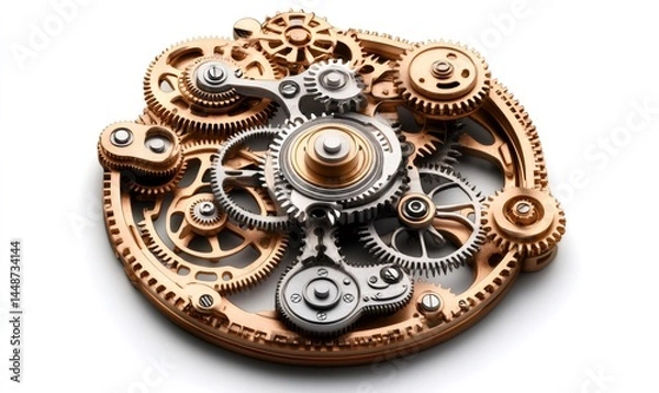 Fototapeta Close-up of a complex clockwork mechanism, showcasing the intricate interplay of gears and cogs, highlighting precision engineering and the beauty of mechanical systems