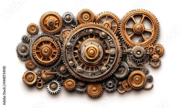 Fototapeta Intricate arrangement of interlocking gears creates a complex mechanism, symbolizing industrial processes and teamwork