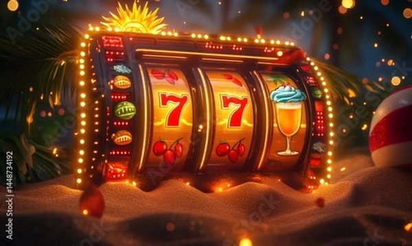 Fototapeta Slot machine displaying 777 jackpot on a tropical beach at night, surrounded by palm trees and festive lights, creating a vibrant and exciting gambling atmosphere