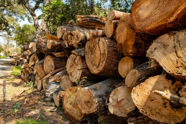 Fototapeta Woodpile piled up in the forest