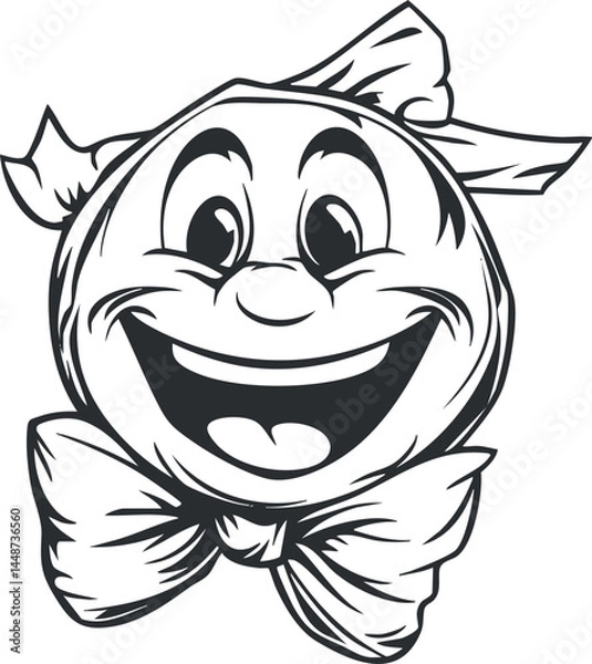 Obraz Black and white cartoon illustration of a smiling happy face with a bow tie and bandana