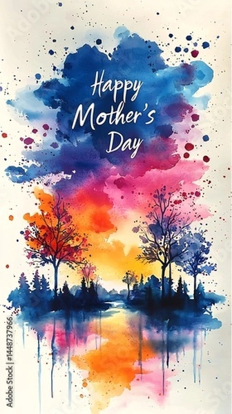 Obraz Happy Mother's Day flowing watercolor letters colors blending softly abstract floral splashes in background