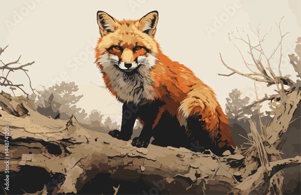 Fototapeta Vector Red Fox in Autumn Field – Wildlife Illustration with Tall Grass and Warm Light