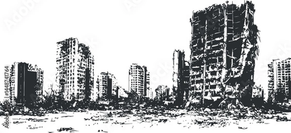Fototapeta Black and white illustration of a city with destroyed and crumbling buildings in a post-apocalyptic setting