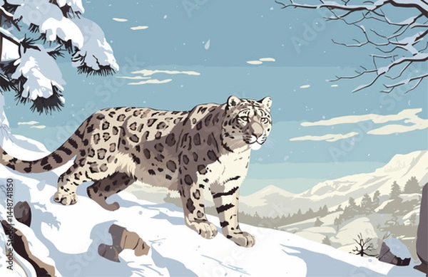 Obraz Vector Snow Leopard on Rocky Cliff – Wildlife Art in Mountain Landscape with Snowfall
