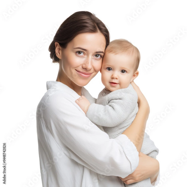 Fototapeta Loving Mother and Baby Portrait - A heartwarming moment of connection and care. , isolated on white background PNG