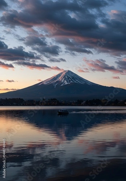 Fototapeta Majestic Mount Fuji Reflecting in Serene Lake Waters at Twilight, a Breathtaking Vista of Natural Beauty and Tranquility, Japan Landscape