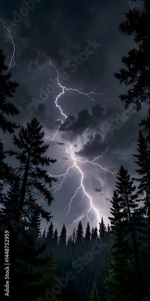 Fototapeta Lightning at night in the middle of a dense coniferous forest