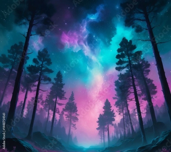 Obraz Night Landscape with Dark Forest and Starry Sky