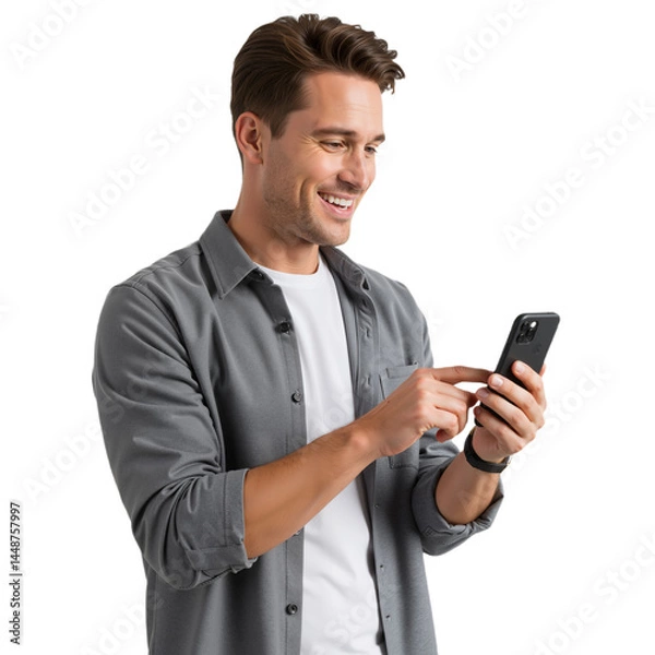 Fototapeta Young handsome man using smartphone isolated on transparent background PNG