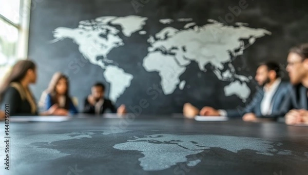 Fototapeta Blurred background of business people having a meeting in a conference room with a world map on the blackboard Generative AI
