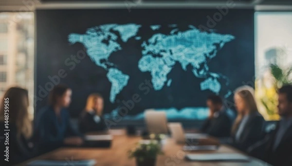 Obraz Blurred background of business people having a meeting in a conference room with a world map on the blackboard, with the focus on the table and some figures sitting around it Generative AI