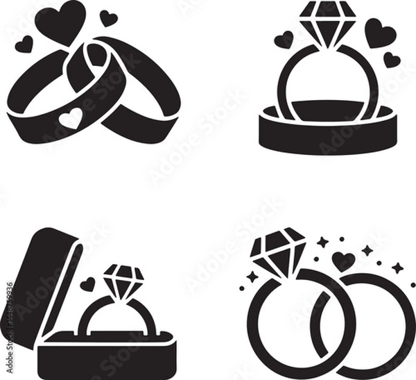 Fototapeta Wedding Ring silhouette set vector illustration isolated On Transparent Background