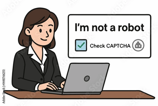 Obraz Vector illustration showing businesswoman at computer completing the 'I'm not a robot' CAPTCHA verification challenge for website security access and user authentication.