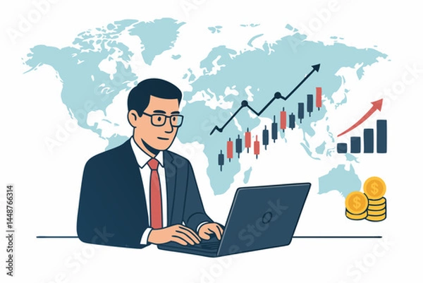 Obraz Financial analyst in suit working on laptop, examining global economic data, stock market trends, and investment growth charts with world map visualization. Vector business concept.