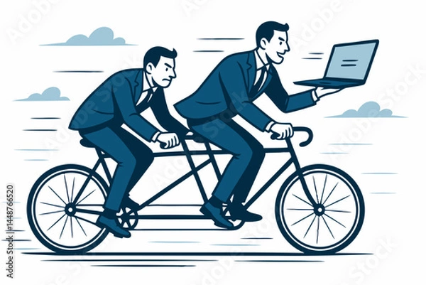 Fototapeta Dynamic vector illustration of business partners on a tandem bicycle, showcasing contrasting roles in teamwork, one leading with tech while the other provides the effort.