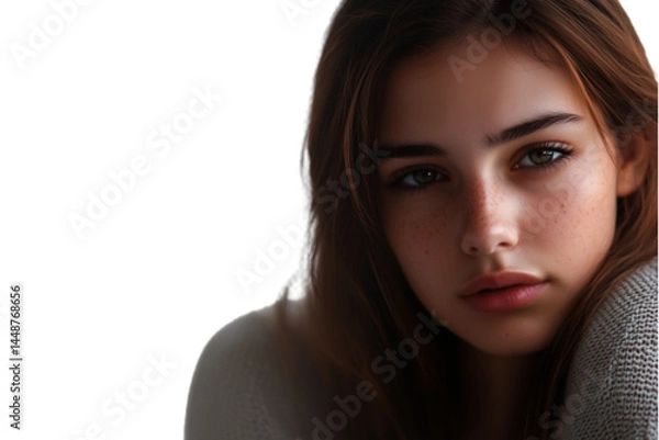 Fototapeta A young woman with a sad expression, isolated on a transparent background.