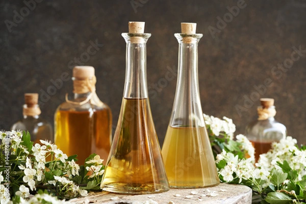 Fototapeta Two bottles of herbal tincture with fresh hawthorn flowers in spring