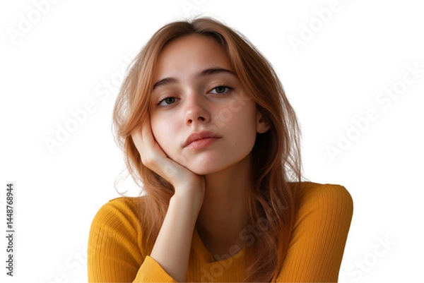 Fototapeta A young woman with a sad expression, isolated on a transparent background.