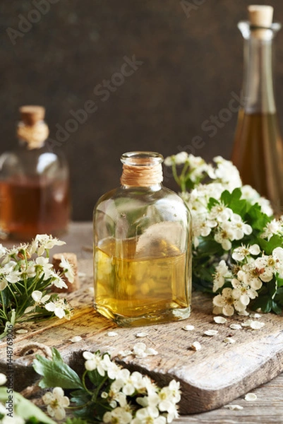 Fototapeta A bottle of herbal tincture with fresh hawthorn flowers