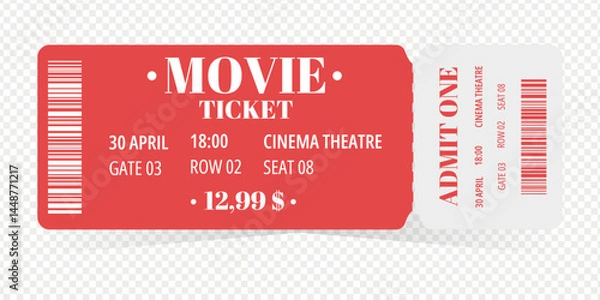 Obraz Movie ticket without background in red and white style