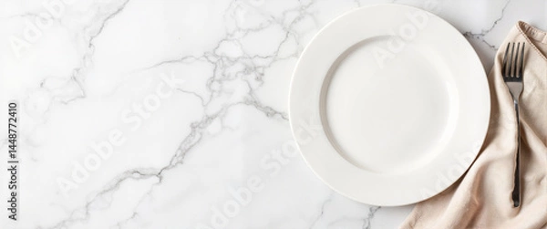 Fototapeta Empty white plate on marble backdrop with linen napkin, elegant dining concept