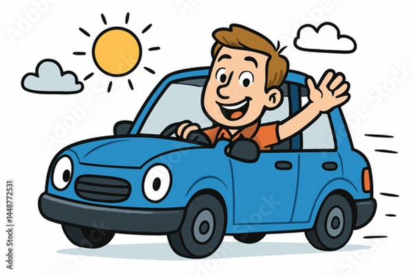 Fototapeta Happy cartoon man waving while driving his blue car on a sunny day, cheerful character enjoying a road trip or commute, simple flat vector illustration for transportation concepts.