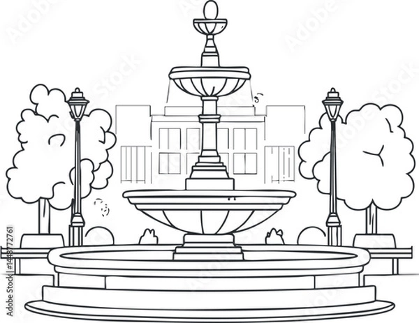 Fototapeta Black and white line drawing of a decorative fountain in an urban park setting with trees and street lamps