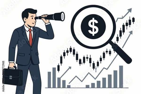 Fototapeta Stock market analysis and investment forecasting concept. Businessman uses telescope to find opportunities, magnifying glass focuses on dollar over growing financial chart vector.