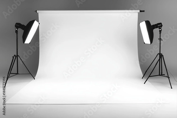 Fototapeta Empty photo studio with white backdrop and lighting equipment ready for shooting