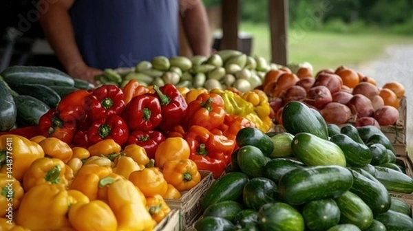 Fototapeta Variety of fresh fruits and vegetables on display at an outdoor market. there are several baskets filled with different types of vegetables, including bell peppers, zucchini, and cucumbers.