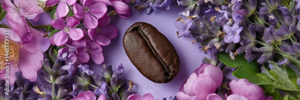 Obraz A coffee bean is placed on a purple background with purple flowers. Scene is calm and relaxing, as the coffee bean and flowers create a serene atmosphere