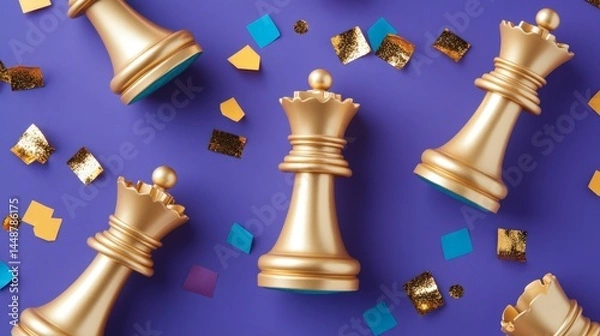 Fototapeta A group of golden chess pieces are surrounded by gold confetti. The chess pieces are arranged in a row, with one of them being the tallest. The confetti adds a celebratory