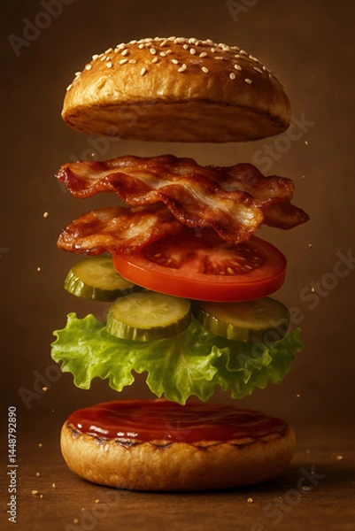 Obraz Flying Bacon Burger Ingredients with Lettuce, Tomato, Pickles, and Ketchup on Sesame Bun – Isolated Floating Layers in Midair on Brown Background, Fast Food Concept