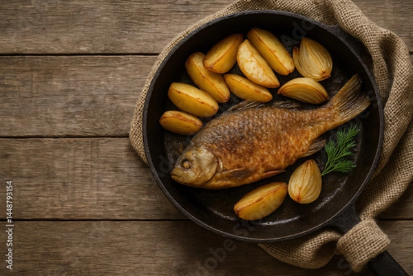 Obraz Whole fried fish served with roasted potatoes and onions in cast iron pan on wooden table. Rustic home-cooked meal with crispy texture and golden brown color, top view