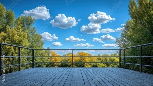 Obraz Peaceful wooden deck overlooking autumnal trees and a vibrant sky