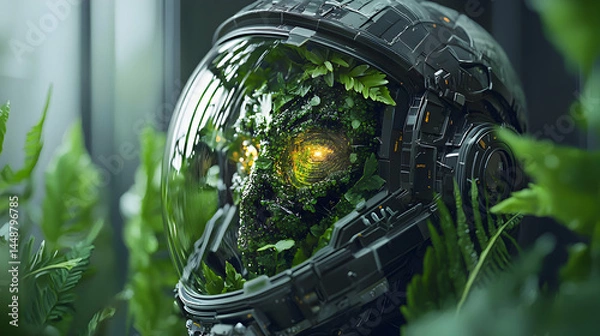 Fototapeta A futuristic astronaut helmet overgrown with plants merging nature and technology. Suggests themes of environmentalism or a symbiotic relationship in space.