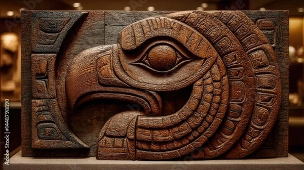 Fototapeta Tlingit clan crest of Raven carved in polished cedar on neutral fabric backdrop