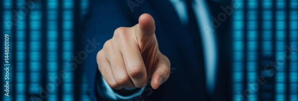 Obraz Realistic scene of a business leader pointing at a marketing solution chart, high-resolution details in a professional setting.