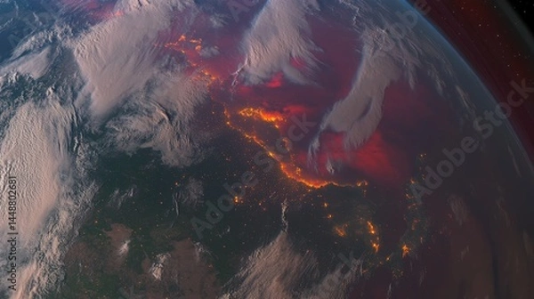 Fototapeta A close up of the Earth with a red and orange sky. The sky is filled with smoke and fire, and the planet appears to be on fire